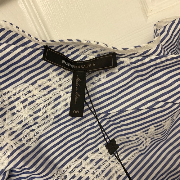 BCBGMAXAZRIA  One Shoulder Embroidered Stripe Dress Blue Combo Size 8 NWT - Picture 4 of 9